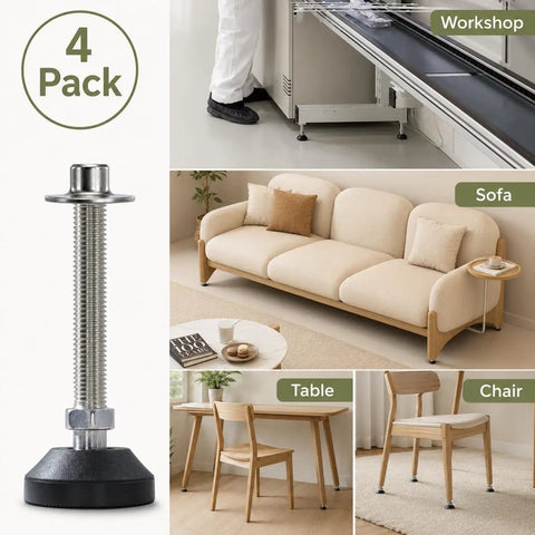 20 Degree Swivel M10 Threaded Beefy Heavy Duty Furniture Leg Levelers With T Nuts, various uses with furniture examples.