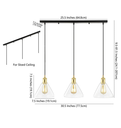 Dimensions of Brass Gold And Black 3-Light Linear Pendant Light For Kitchen Island And Dining Room, Adjustable Height, Modern Farmhouse Vibe, Energy Saving LED Bulbs Included