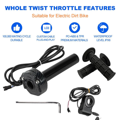 Full Twist Ebike Throttle Grip Cable Kit For Q20 Electric Dirt Bike, Rolling Bearing System, Carbon Fiber Style Dope Look, Plug And Play Throttle For Easy Install, 1.5m Cable Ready To Ride Right Out Of The Box