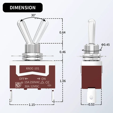 Waterproof 12V SPST Toggle Switch for Marine Boats and Auto, dimensions detailed, 2 Pin ON Off, Heavy Duty, Pack Of 4