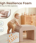Tot Certified Soft Foam Climbing Blocks And Crawl Tunnel Playset For Kiddos Featuring Safe Pu Leather Cover, toddler playing on soft foam blocks.