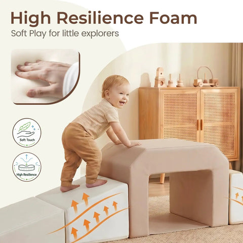 Tot Certified Soft Foam Climbing Blocks And Crawl Tunnel Playset For Kiddos Featuring Safe Pu Leather Cover, toddler playing on soft foam blocks.