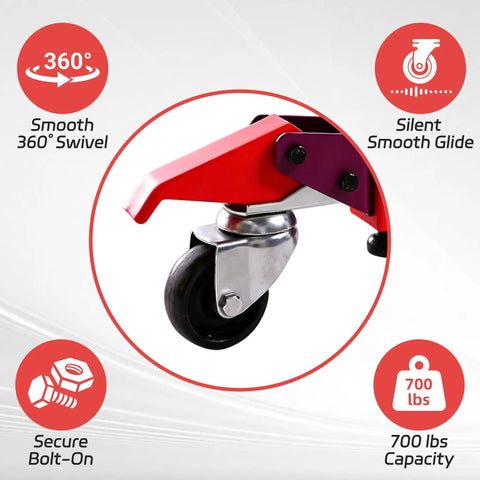 Heavy Duty Retractable Workbench Caster Kit With Foot Release And Sturdy Hardware showing 360° swivel caster for smooth mobility.