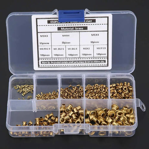 Top Shelf Brass Eyelets Rivets Kit 650 Pcs Hollow Metal Grommet Set in case, assorted brass sizes for leathercraft.