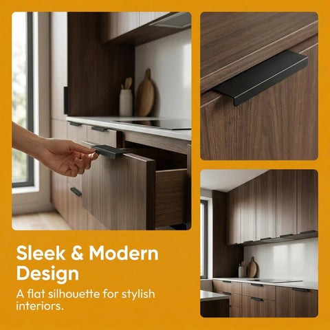Two Pack Matte Black Flat Cabinet Pulls With Finger Edge Handles For Drawers And Doors 80mm Center 3.15 Inch Length installed in kitchen