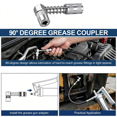 All In One Grease Gun Accessory Kit With 90 Degree Coupler Straight And Bent Needle Nozzles in use on engine