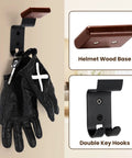 Heavy Duty Helmet Wall Mount And Gear Organizer Rack Built From Solid Wood And Steel 2 Sturdy Hooks holding gloves and keys