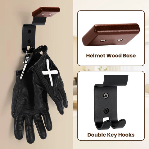Heavy Duty Helmet Wall Mount And Gear Organizer Rack Built From Solid Wood And Steel 2 Sturdy Hooks holding gloves and keys