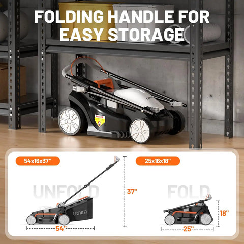Cordless 13 Inch Lawn Mower Lightweight Electric Yard And Garden Mower With Five Height Adjustments folded for storage
