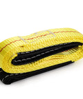 Close-up of yellow 4 Pack Lifting Sling Straps 6 Ft By 1 In Durable Nylon Tow Straps With 2 Flat Eye Loops Heavy Duty Rigging Web Sling
