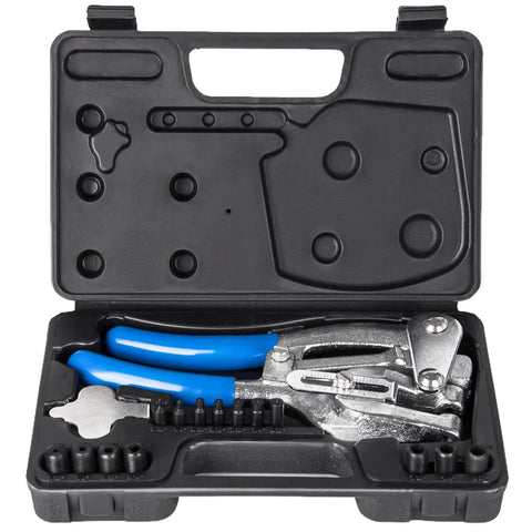 Pro Grade Metal Hole Punch Tool Set For Aluminum Brass And Steel in storage box, showing beefed-up hand punches, carbon steel construction.
