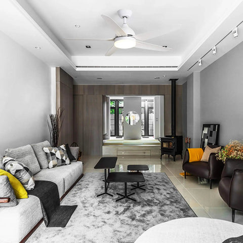 Living room with 52 Inch Indoor Ceiling Fan With LED Light Kit Remote Control Bronze Motor 5 Wood Blades White Finish Room Ready