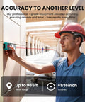 Worker using Laser Measure 328 Feet Distance Meter with Two Bubble Levels for precise measurements on construction site.