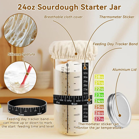 Image of 24oz sourdough starter jar with breathable cloth cover, thermometer sticker, and silicone spatula.