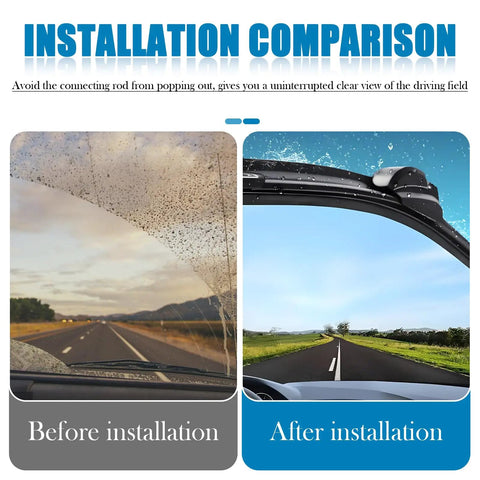 Installation comparison of 2PCS Windshield Wiper Linkage Clip And Bushings Set showing clear view after installation on car windshield.