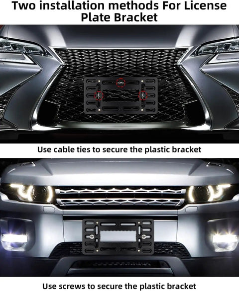 Two cars with No Drill Front License Plate Bracket Kit For Cars, SUVs, And Trucks, Universal Bumper Mount Frame installation methods.