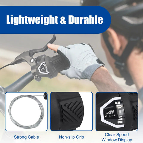 Shift Lever For 22.2 Mm Handlebar Black Dope 6 Speed Bike Shifter with grip and gear window, 82.67 inch cable shown.