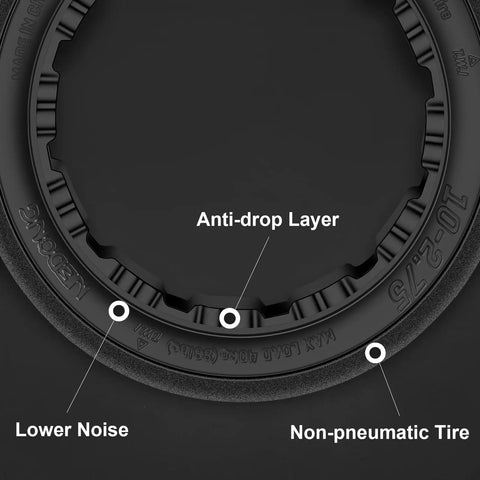 Close-up of Two Pack 10-2.75 Inch Solid Tires With Quick Release Drift Style showing anti-drop layer, lower noise, non-pneumatic design