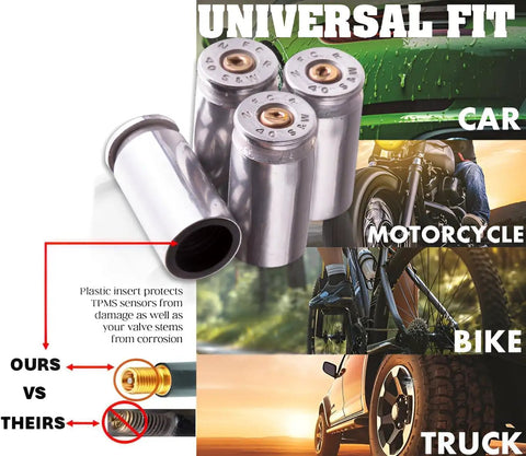 40 Cal Bullet Shaped Tire Valve Stem Caps Set Of 4 For Cars SUVs Trucks Motorcycles BMX Bikes And Bicycles Nickel Finish Stems