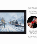 Impressionist Vintage Steam Train Canvas Print With Black Frame For Cozy Living Room Vibe And Office Wall Decor Snowy Winter Scene With Mist And Glowing Amber Light 16x20 Inch Poster Locomotive Art, showing a winter landscape and train station