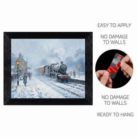 Impressionist Vintage Steam Train Canvas Print With Black Frame For Cozy Living Room Vibe And Office Wall Decor Snowy Winter Scene With Mist And Glowing Amber Light 16x20 Inch Poster Locomotive Art, showing a winter landscape and train station