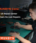 Technician repairing a device at a desk, promoting MUNBYN Care+ with 2 years no-cost repairs at US repair center.