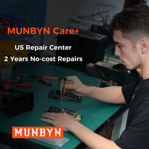 Technician repairing a device at a desk, promoting MUNBYN Care+ with 2 years no-cost repairs at US repair center.