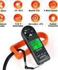 Portable Handheld Anemometer Wind Speed Meter BT-816B With Temperature Sensor And Wind Chill, black handheld unit with green backlit LCD