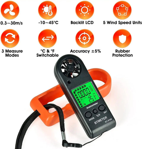 Portable Handheld Anemometer Wind Speed Meter BT-816B With Temperature Sensor And Wind Chill, black handheld unit with green backlit LCD