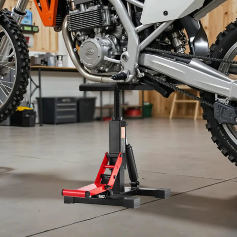 Side view of Dirt Bike Lift Stand With 1200Lb Capacity, Hydraulic Motorcycle Jack holding a dirt bike for maintenance in a garage.