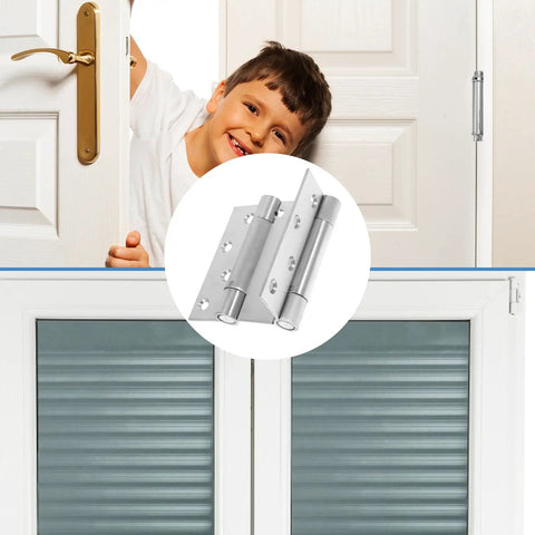 Child peeking through door with image of Stainless Steel Spring Door Hinges Double Action Self Closing for indoor and outdoor use