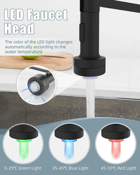 Black Kitchen Faucet With Soap Dispenser And LED Temperature Indicator Pull Down Sprayer showing LED lights for temperature