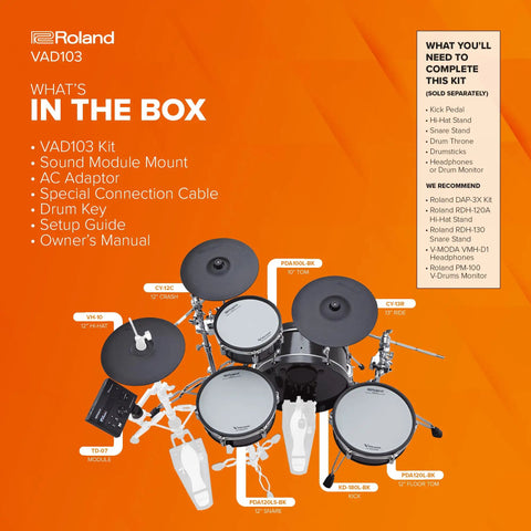 Image showing contents of V Drums 4 Piece Electronic Drum Kit With Shallow Shells, TD 07 Module, accessories, and components.