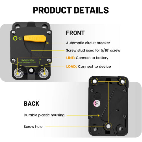 Beefy 300A DC Circuit Breaker Switch Manual Reset For 12-24V Systems front and back view, circuit and stud details