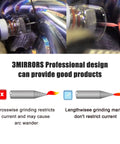 Close-up of tungsten electrode grinding technique with diagrams comparing crosswise and lengthwise methods for TIG welding.