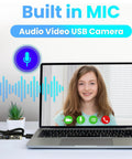 Laptop displaying video call with 8MP USB Webcam With Microphone Crystal Clear 3264x2448 Ultra HD No Fuss 105 Degree Wide Angle Lens Plug And Play Computer Camera For LightBurn Laser Engraver Raspberry Pi Laptop And CCTV Security connected.