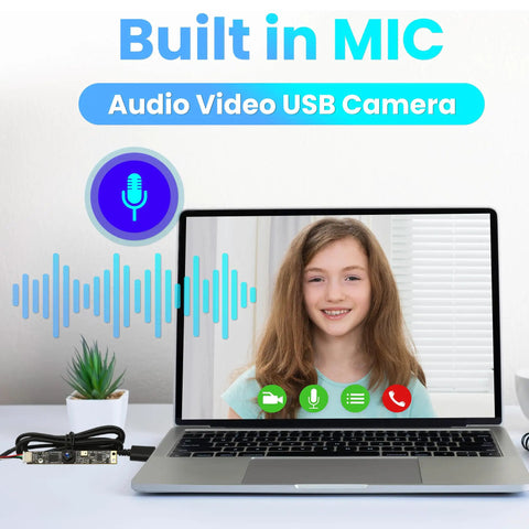 Laptop displaying video call with 8MP USB Webcam With Microphone Crystal Clear 3264x2448 Ultra HD No Fuss 105 Degree Wide Angle Lens Plug And Play Computer Camera For LightBurn Laser Engraver Raspberry Pi Laptop And CCTV Security connected.