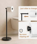 Zero Fuss Freestanding Toilet Paper Holder Stand In Classic Black With Heavy Duty Weighted Base For Smooth Easy Reach Setup.