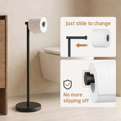 Zero Fuss Freestanding Toilet Paper Holder Stand In Classic Black With Heavy Duty Weighted Base For Smooth Easy Reach Setup.