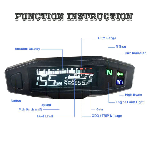 Universal Ride Ready Motorcycle Digital Speedometer With 6 Gear RPM Gauge And LCD VA Screen 12000 RPM Odometer close-up