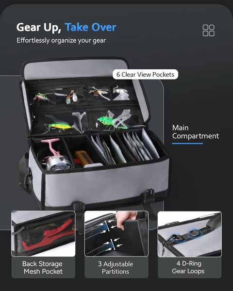 Open large fishing tackle bag with dividers, showing storage for soft plastic baits and clear bags, 900D waterproof Oxford fabric.