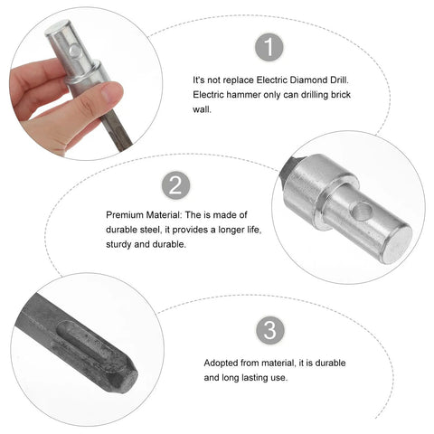 Close-up of Earth Auger Drill Adapter With Four Slot Shank Pro Grade Drill Bit Converter, showing steel material and durability points.