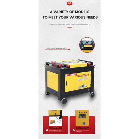 Automatic Rebar Bending Machine For Heavy Duty Steel Bar Tasks Featuring Solid As A Rock Build, showcasing control panel and anti-slip technology.