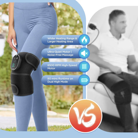 Image of a Cordless Knee Massager With Heat And Battery Pack used by a woman, highlighting features like wider heating range and noise-free massage.