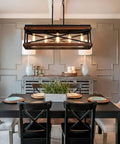 Dope Industrial Rustic Wood And Metal Linear Pendant Chandelier With Five Lights For Kitchen Island Dining Room And Living Room Black Finish Sloped Ceiling Ready Includes 65 Inch Adjustable Chain over dining table.