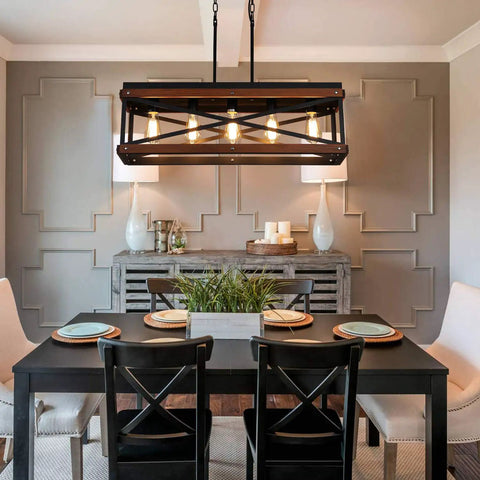 Dope Industrial Rustic Wood And Metal Linear Pendant Chandelier With Five Lights For Kitchen Island Dining Room And Living Room Black Finish Sloped Ceiling Ready Includes 65 Inch Adjustable Chain over dining table.