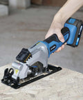 G LAXIA mini cordless circular saw with laser guide, blue handheld tool, includes 24T and 60T blades
