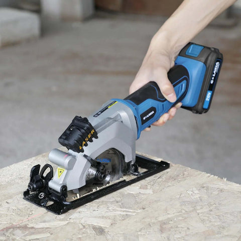 G LAXIA mini cordless circular saw with laser guide, blue handheld tool, includes 24T and 60T blades