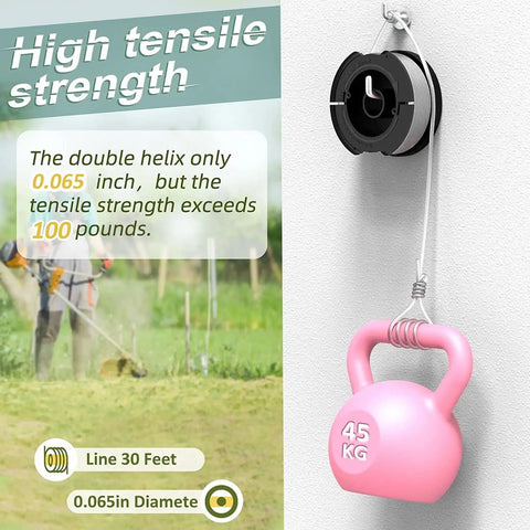 Image of a 10 Pack AF100 Replacement Spool Line For Black Decker 0.065 Inch 30 Ft Autofeed Weed Eater Spool Refills, shown supporting a 45kg weight to illustrate durability.