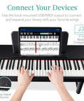 Playing the 88 Key Weighted Hammer Action Digital Piano Set With U Stand, 3 Pedal Unit, showcasing device connectivity feature.
